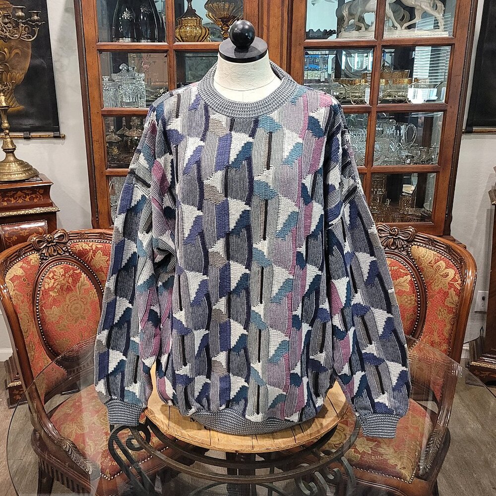 Vintage Megalos Abstract Chunky Knit Sweater Hip Hop 90's Bill Cosby 2XL